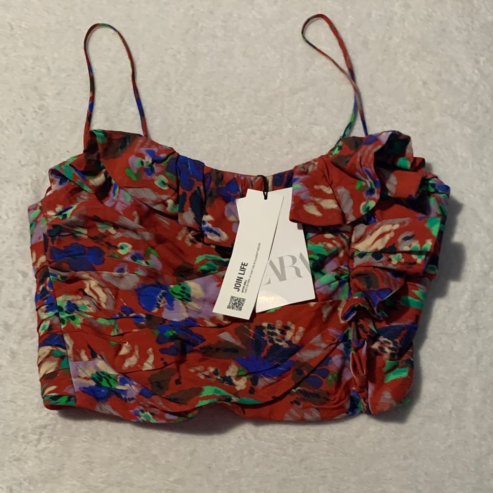 Zara Red Multicolor Floral Crop Top